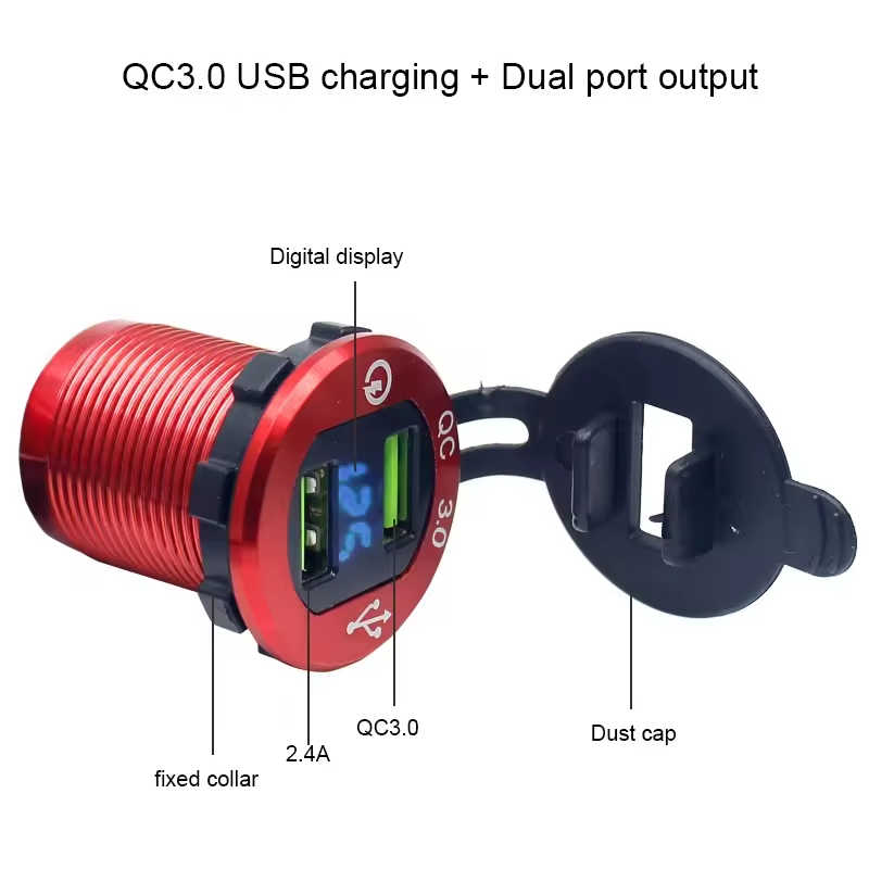 12V 24V Fast Charging Dual USB Power Socket Aluminum QC 3.0 Car Charger with Voltmeter