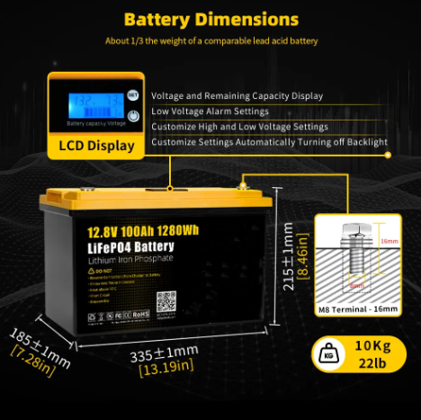 LCD Display Lithium Battery 12V 12.8V 100Ah 200Ah Lifepo4 Battery for RV Solar Boat Energy Storage